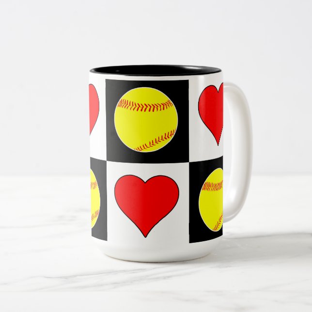 Softballs & Hearts Pattern Cute Fastpitch Softball Two-Tone Coffee Mug (Front Right)