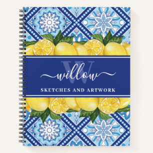 Softcover Lemon Blue Tile Monogram Sketchbook Notebook
