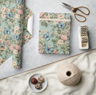 Softest Pink Blue Floral & Butterfly Wrapping Paper