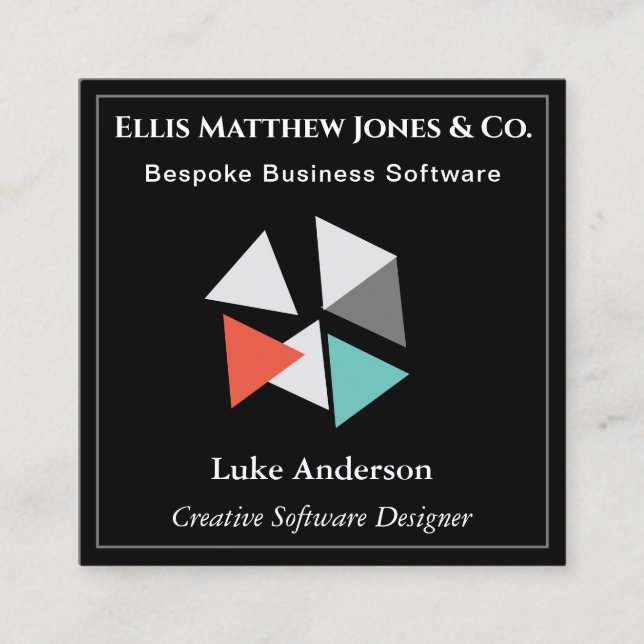 Software Developer Black Geometric QR Code Square Business Card (Front)
