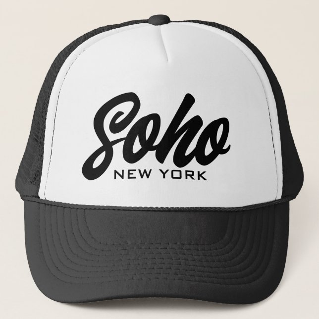 Soho New York trucker hat with script typography (Front)