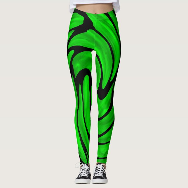 Soie verte et apparence cuir noir Leggings (Devant)
