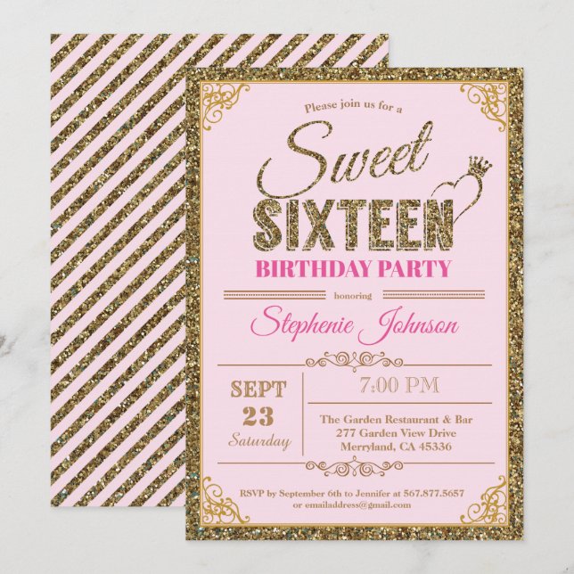 Soignée invitation à la fête de 16 ans rose et or (Devant / Derrière)