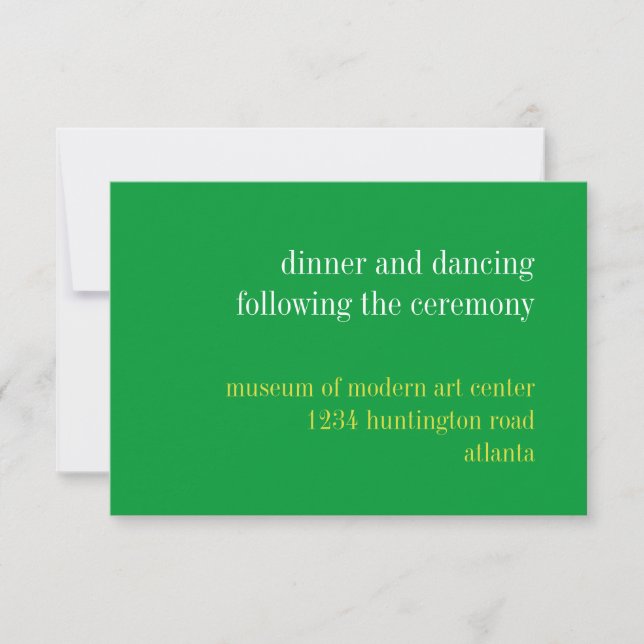 Soild green typography wedding reception enclosure invitation (Front)