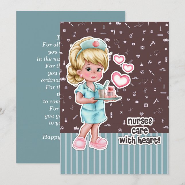 Soins infirmiers avec coeur. Carte d'appréciation  (Devant / Derrière)