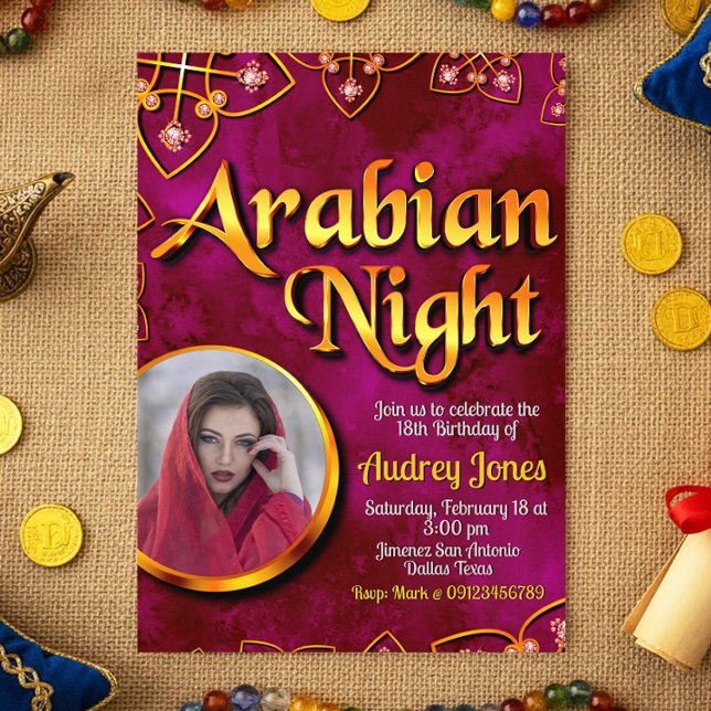 Soirée arabe avec photo - Invitation rose (Arabian Night with Photo - Pink Invitation)