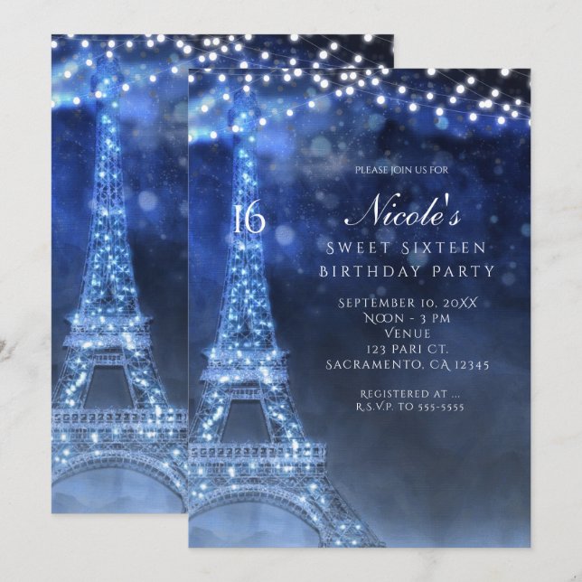 Soirée Bleue Nuit enchantée à Paris Invitations (Devant / Derrière)