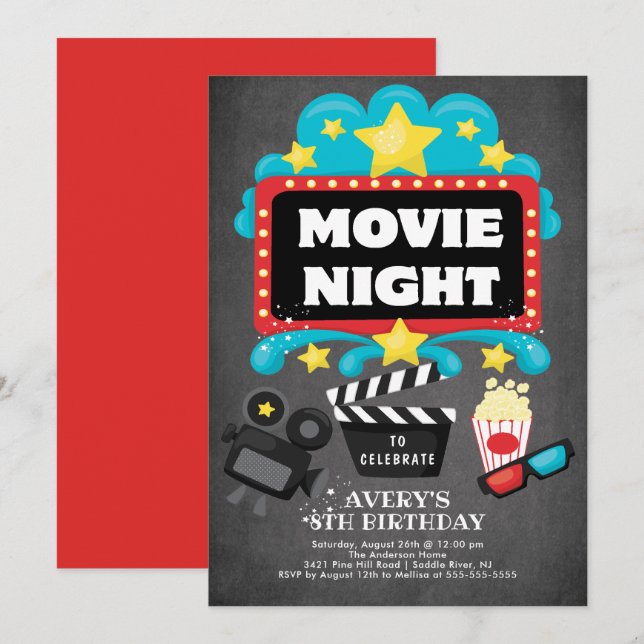 Soirée cinéma Anniversaire Fête Invitation (Devant / Derrière)