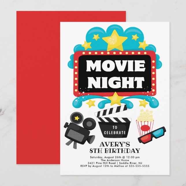 Soirée cinéma Anniversaire Fête Invitation (Devant / Derrière)