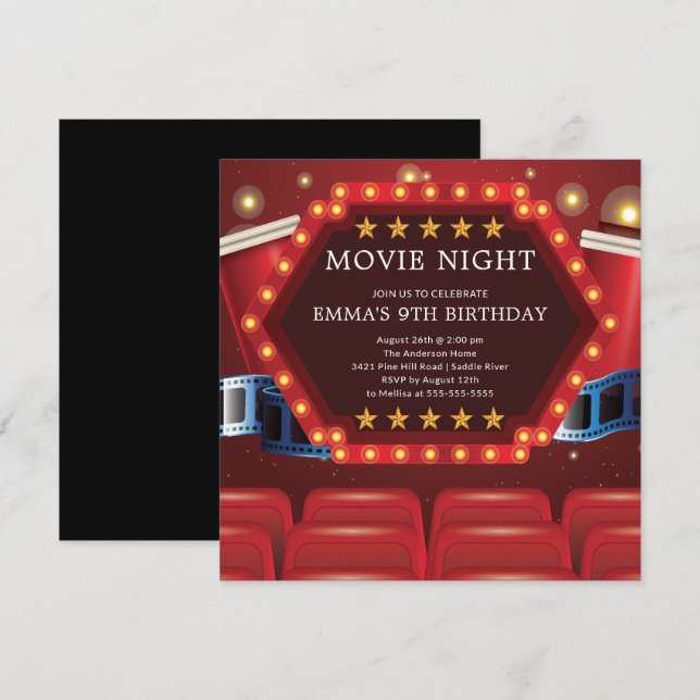 Soirée cinéma Invitations de fête d'anniversaire (Devant / Derrière)