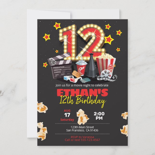 Soirée cinéma, Théâtre - Invitation pour un 12e an (Devant)