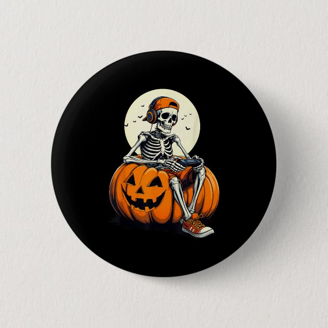 Soky Pumpkin &amp; Skeleton Gamer Tee _ Boys &amp; 2 Inch Round Button (Front)