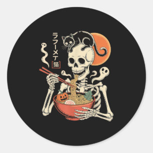 Soky Skeleton Eating Ramen Bowl With Cat Halloween Classic Round Sticker