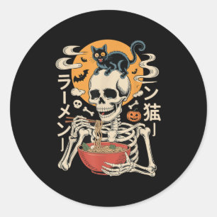 Soky Skeleton Eating Ramen Bowl With Cat Halloween Classic Round Sticker