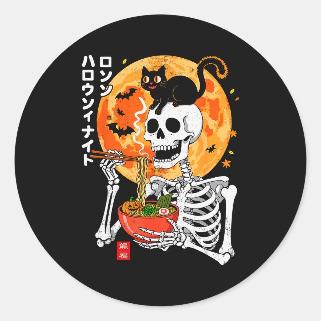 Soky Skeleton Eating Ramen Bowl With Cat Halloween Classic Round Sticker (Front)