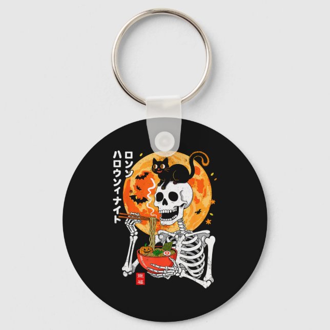 Soky Skeleton Eating Ramen Bowl With Cat Halloween Keychain (Front)