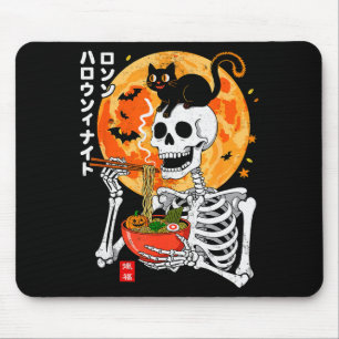 Soky Skeleton Eating Ramen Bowl With Cat Halloween Mouse Pad