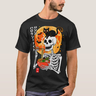 Soky Skeleton Eating Ramen Bowl With Cat Halloween T-Shirt