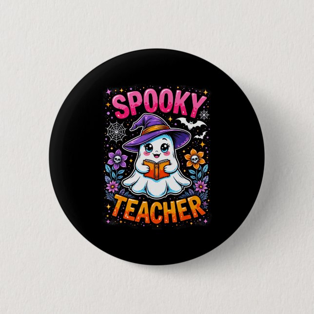 Soky Teacher Cute Ghost Reading Book Funny Hallo  2 Inch Round Button (Front)