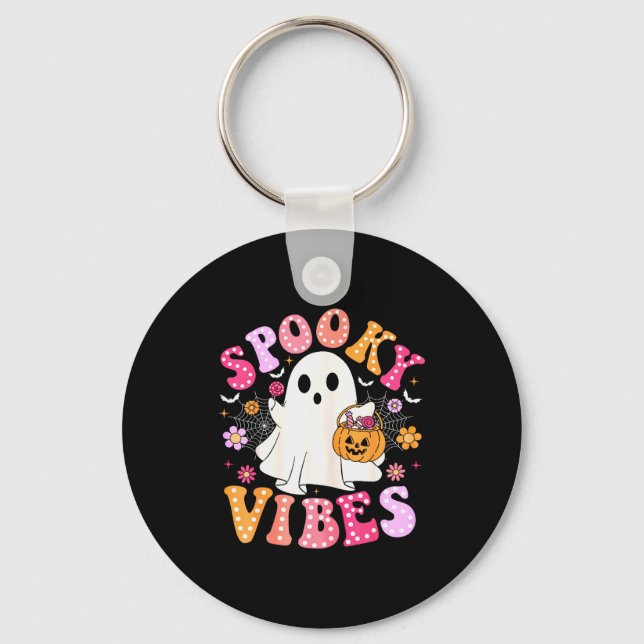 Soky Vibes Ghost Retro Groovy Halloween Women Girl Keychain (Front)