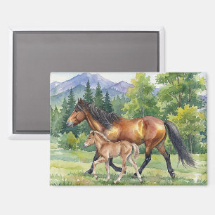 Sola Icelandic Horse and Foal in Mountain Meadow Magnet