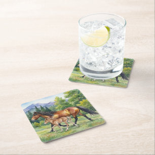 Sola Icelandic Horse and Foal in Mountain Meadow Square Paper Coaster