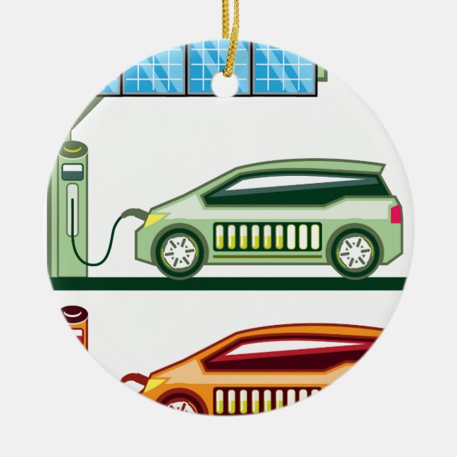 Solar Charging Station Electric Vehicle Ceramic Ornament (Front)