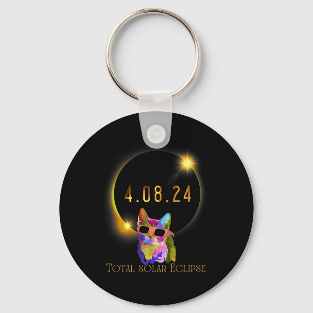 Solar Eclipse 2024 Cat Wearing Solar Eclipse Glass Keychain (Front)