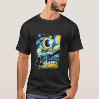 Solar Eclipse 2024 Tshirt Cat With Van Gogh Starry