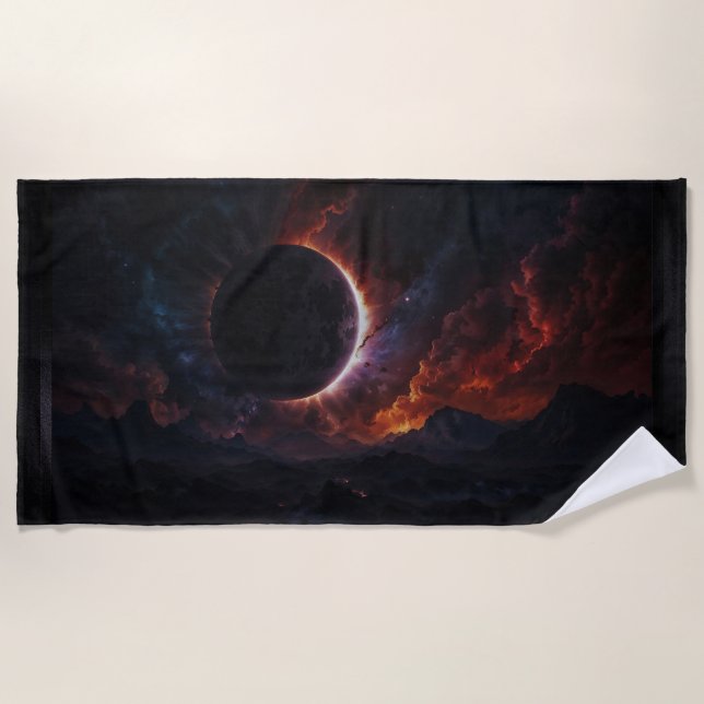 Solar Eclipse Cosmic Masterpiece Xzendor7 AI Art Beach Towel (Front)