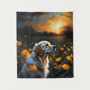 Solar Eclipse Golden Retriever Lake Flowers Tapestry
