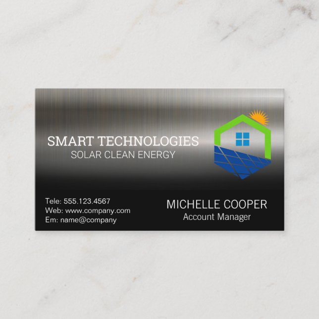 Solar Energy Power Logo | Metal Background Business Card (Front)