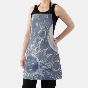 Solar Mystique   Dusty Blue Silver Moon Stars Sun Apron