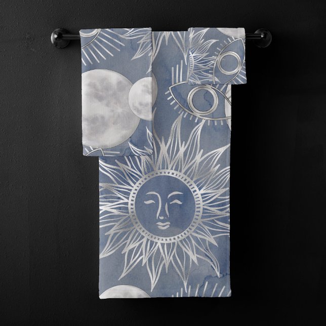 Solar Mystique | Dusty Blue Silver Moon Stars Sun Bath Towel Set (Creator Uploaded)
