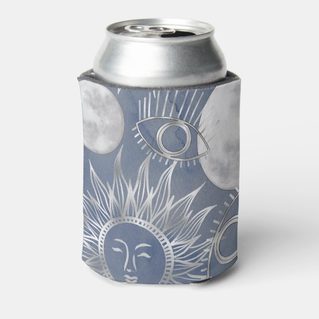 Solar Mystique | Dusty Blue Silver Moon Stars Sun Can Cooler (Can Back)