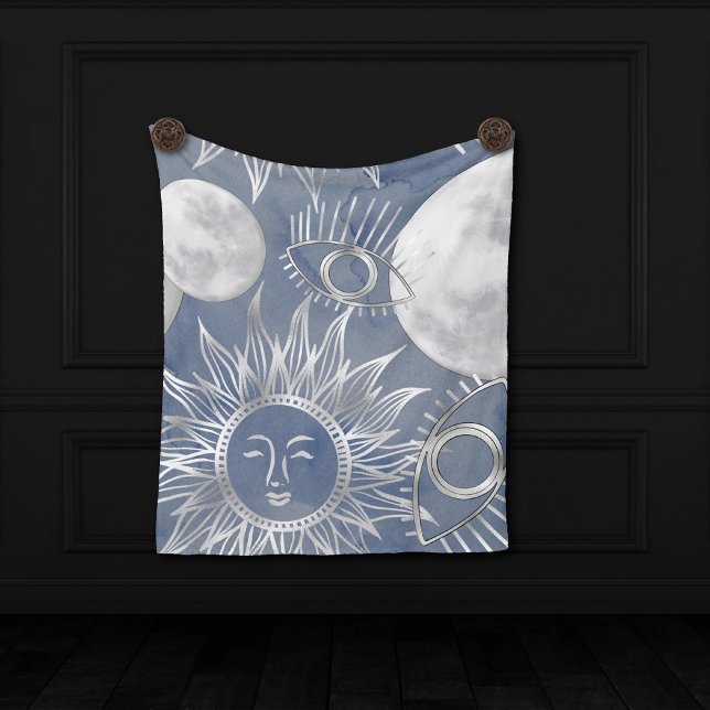 Solar Mystique | Dusty Blue Silver Moon Stars Sun Fleece Blanket (Creator Uploaded)