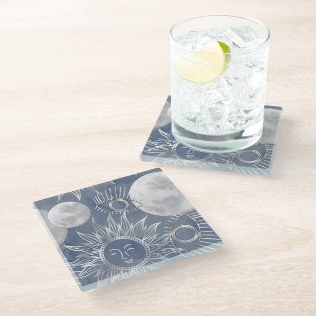 Solar Mystique | Dusty Blue Silver Moon Stars Sun Glass Coaster (Angled)
