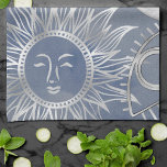 Solar Mystique | Dusty Blue Silver Moon Stars Sun Kitchen Towel<br><div class="desc">Modern silver celestial sun,  moon,  stars,  and mystical glyphs are offset by a mottled watercolor muted background. This fun novelty seamless pattern features a dynamic unisex (yet feminine) abstract gradient that adds perfect pop of colour. For customizations or other colours,  please visit JustFharryn @zazzle.com #bohochic #zazzlemade</div>
