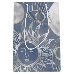 Solar Mystique   Dusty Blue Silver Moon Stars Sun Medium Gift Bag