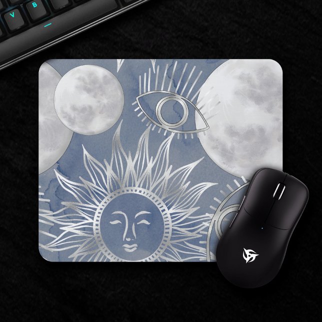 Solar Mystique | Dusty Blue Silver Moon Stars Sun Mouse Pad (Creator Uploaded)