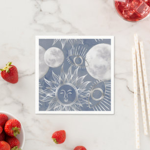 Solar Mystique   Dusty Blue Silver Moon Stars Sun Napkin