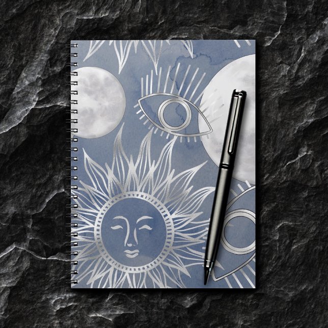Solar Mystique | Dusty Blue Silver Moon Stars Sun Notebook (Creator Uploaded)