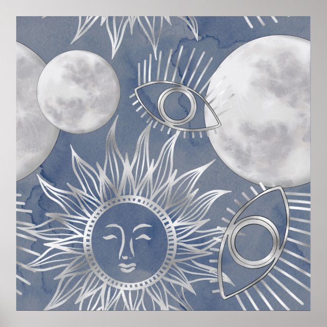 Solar Mystique | Dusty Blue Silver Moon Stars Sun Poster (Front)