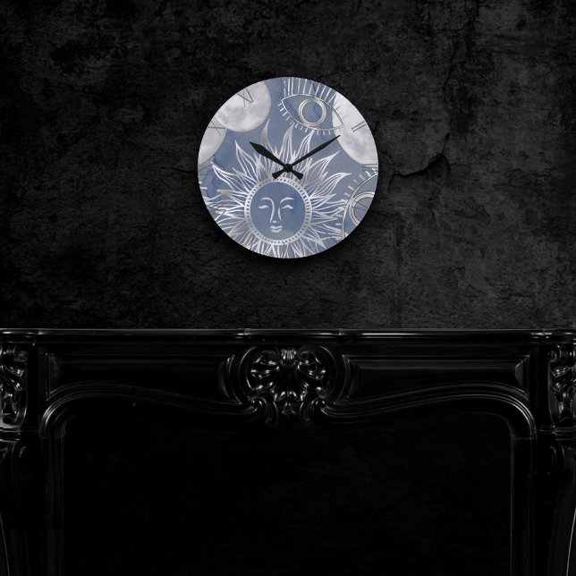 Solar Mystique | Dusty Blue Silver Moon Stars Sun Round Clock (Creator Uploaded)