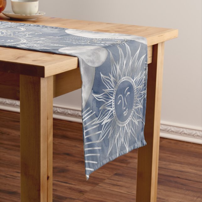 Solar Mystique | Dusty Blue Silver Moon Stars Sun Short Table Runner (In Situ)