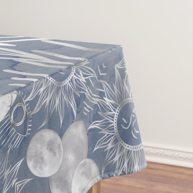 Solar Mystique | Dusty Blue Silver Moon Stars Sun Tablecloth (In Situ)