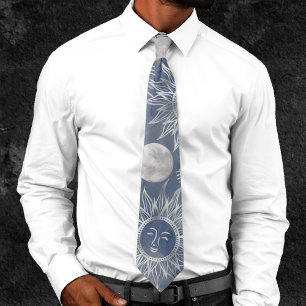 Solar Mystique Dusty Blue Silver Moon Stars Sun Tie