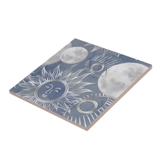 Solar Mystique | Dusty Blue Silver Moon Stars Sun Tile (Side)