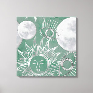 Solar Mystique Dusty Green Silver Moon Stars Sun Canvas Print
