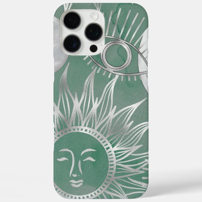 Solar Mystique | Dusty Green Silver Moon Stars Sun Case-Mate iPhone Case (Back)